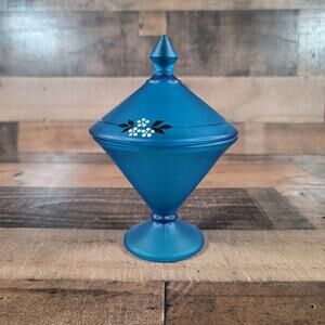 Vintage Westmorland Hand Painted Blue Satin Cone Shaped Glass Candy Dish